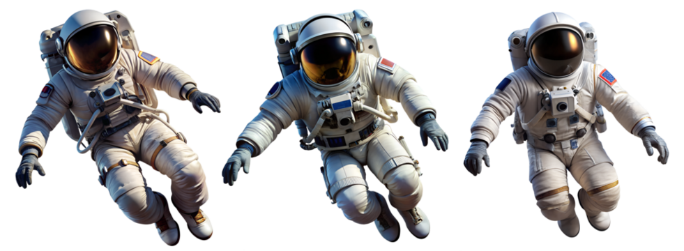 Set of Astronauts in spacesuit close-up isolated on transparent background. Cosmonaut in open hovering space.