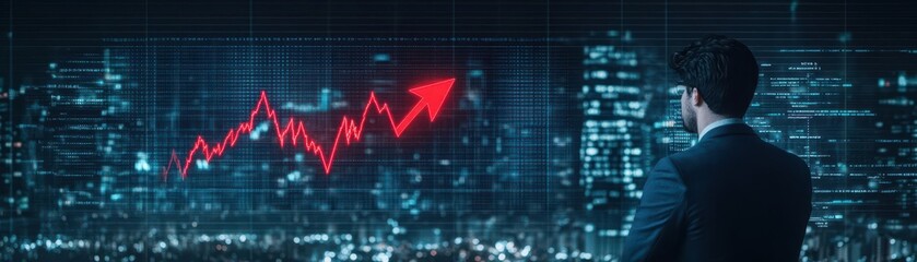 Businessman observing the red arrow of a collapsing chart with determination, glowing cityscape in the background, cinematic vibe
