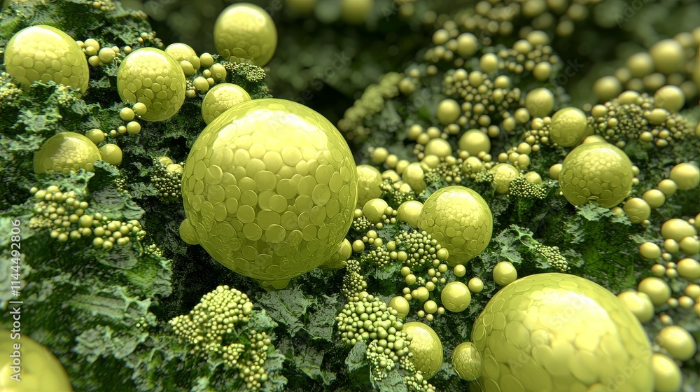 Poster high-quality exploration of microbiota in a vibrant green environment with abstract spheres and text
