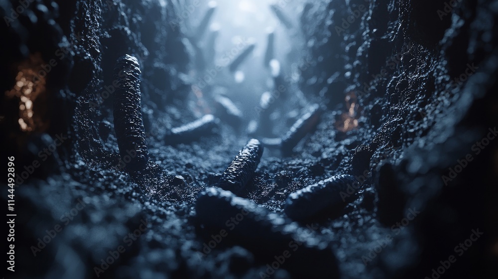Poster high-quality close-up image of blue bacteria in a dark environment with detailed texture and depth