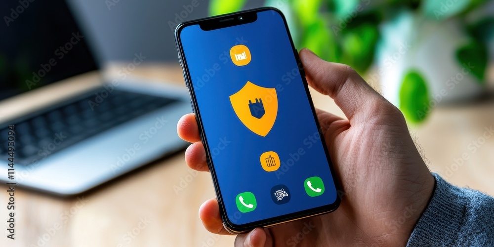 Poster a hand holds a smartphone displaying a vibrant security app interface, emphasizing digital safety an