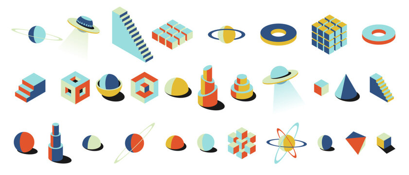 Set of bold isometric 3D forms in retro brutalist style. Colorful geometric shapes like planets, UFOs and spheres. Ideal for vibrant posters, cards, modern wall art or creative design projects