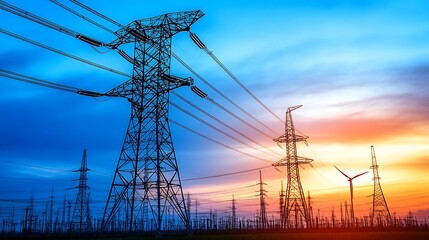 A power grid where renewable energy sources like wind and solar are being added to a traditional coal-fired power plant. 