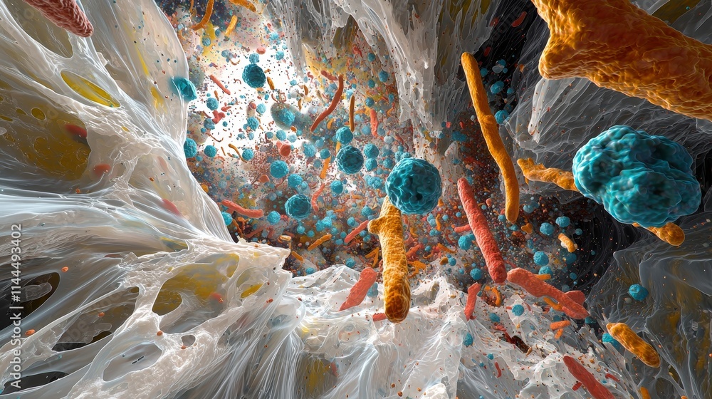 Poster high-quality visualization of biofilm with antibiotic-resistant bacteria and cellular structures in 