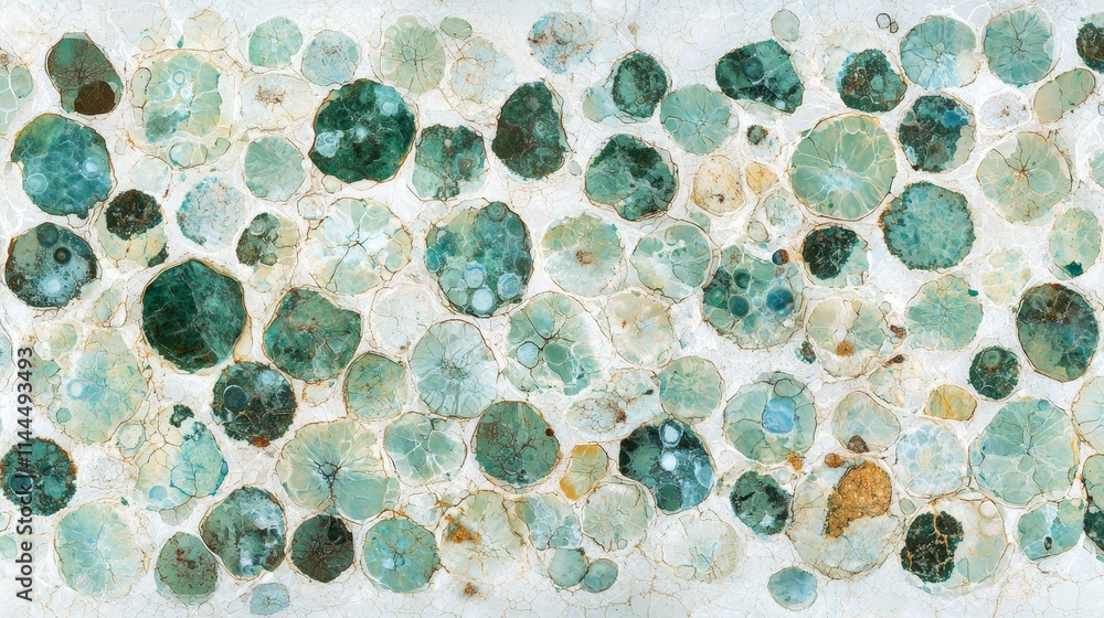Poster high-quality microscopic image of blue bacteria in various shapes and sizes on a light background