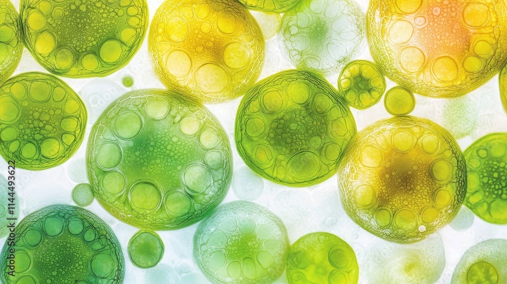 Poster high quality microscopic view of blue and green algae cells under a microscope in vibrant colors and