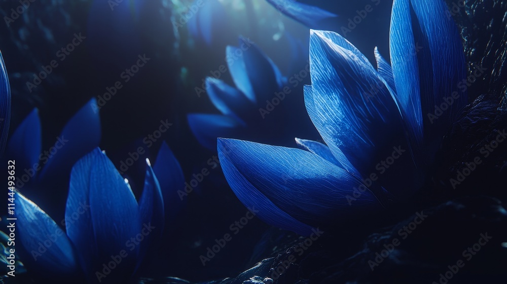 Poster high-quality close-up of 3d microscopic blue flora in a deep environment with soft lighting and intr