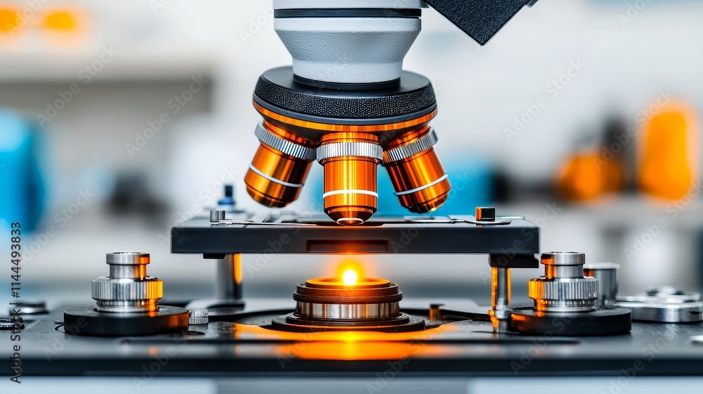 Poster high-quality close-up view of microscope objective and stage illuminated by led lighting in a labora