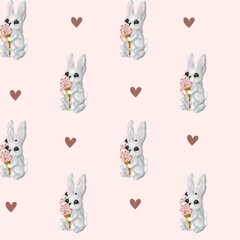 Cute cream hare holding pink treat in seamless watercolor pattern for textile design