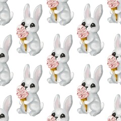 Playful cream-colored hare with ice cream cones in seamless watercolor pattern design