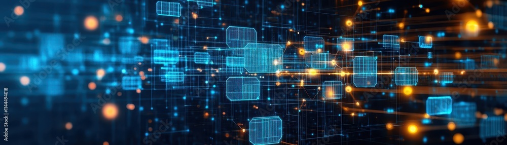 Aufkleber Advanced blockchain network visualized as floating interconnected nodes, glowing in blue and gold, digital processing concept