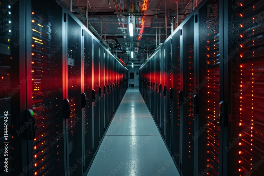Poster network servers in data center with flashing led lights indicating hard drive activity