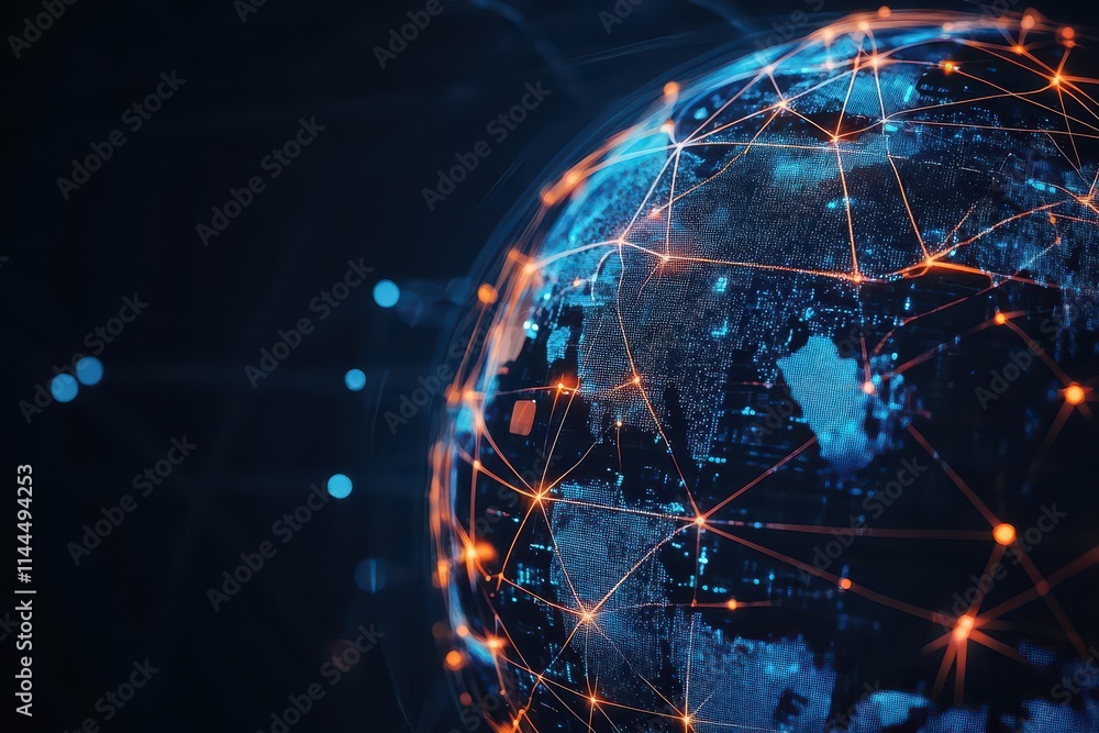 Poster Abstract globe made of connected glowing digital nodes, innovation in global data processing, futuristic theme