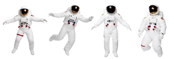 Set of astronauts isolated on a transparent background. Concept of working in space