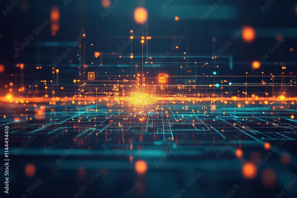Fototapete Abstract system architecture with floating nodes and lines, glowing updates propagating through network, minimalist aesthetic