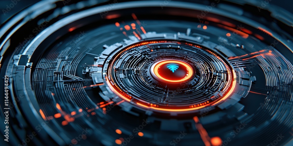 Poster a futuristic, circular design featuring intricate patterns and glowing elements, evoking a tech-insp