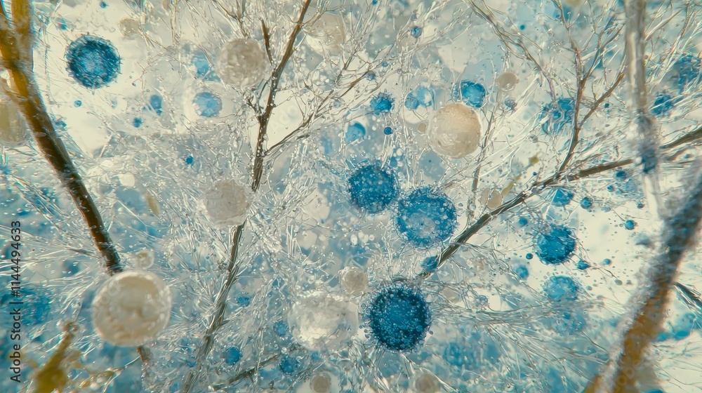 Poster high quality microscopic view of invisible blue threats in a crystal-like structure with bubbles