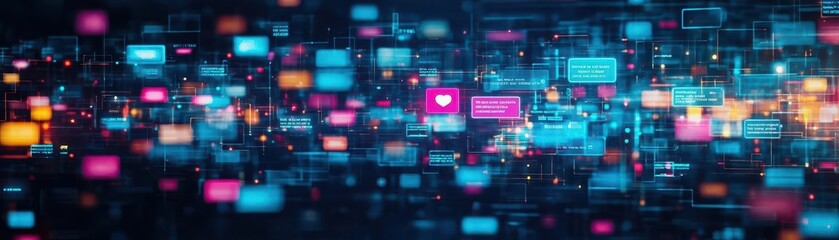Fototapeta premium Abstract art of AIgenerated conversations displayed in floating chat bubbles, vibrant digital landscape