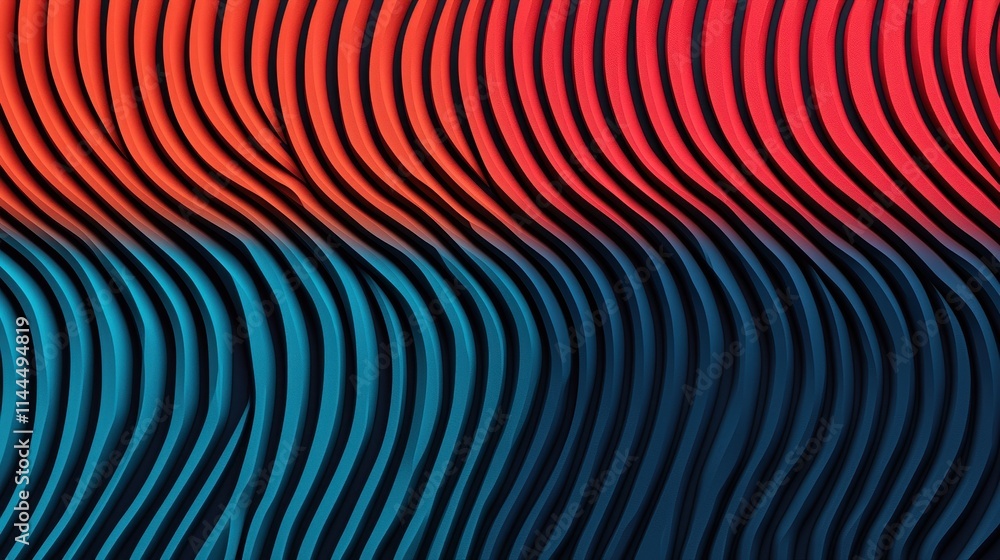 Poster a vibrant abstract design featuring flowing, wavy patterns in red and blue tones, creating a dynamic