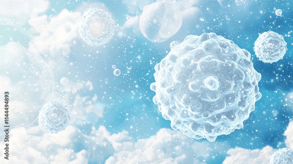 Poster high quality macroscopic observation of organisms in a bright sky with soft clouds and floating part