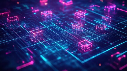A vivid blockchain supply chain map displayed as an interactive hologram, glowing lines connecting nodes, abstract futuristic style