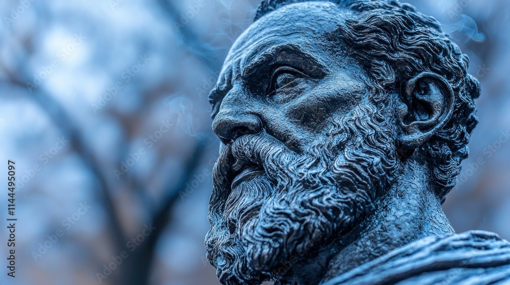 Poster close-up of a weathered statue with a thoughtful expression.