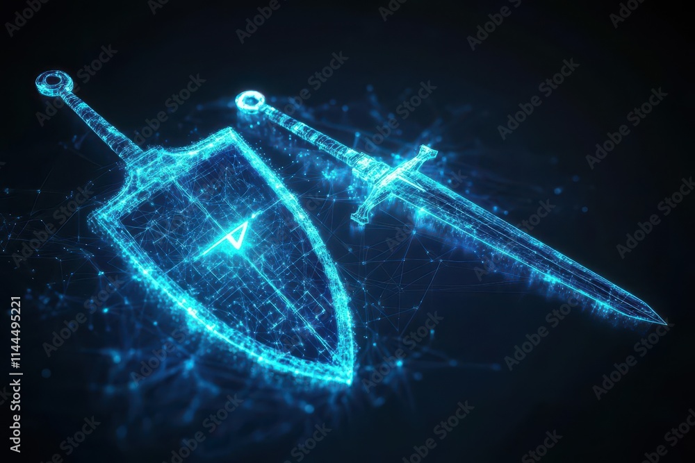 Poster a visual metaphor of a sword and shield glowing with digital energy, representing offensive and defe