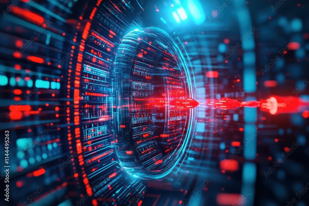 Poster a visual of a secure data vault, glowing brightly with vibrant colors, repelling incoming red digita