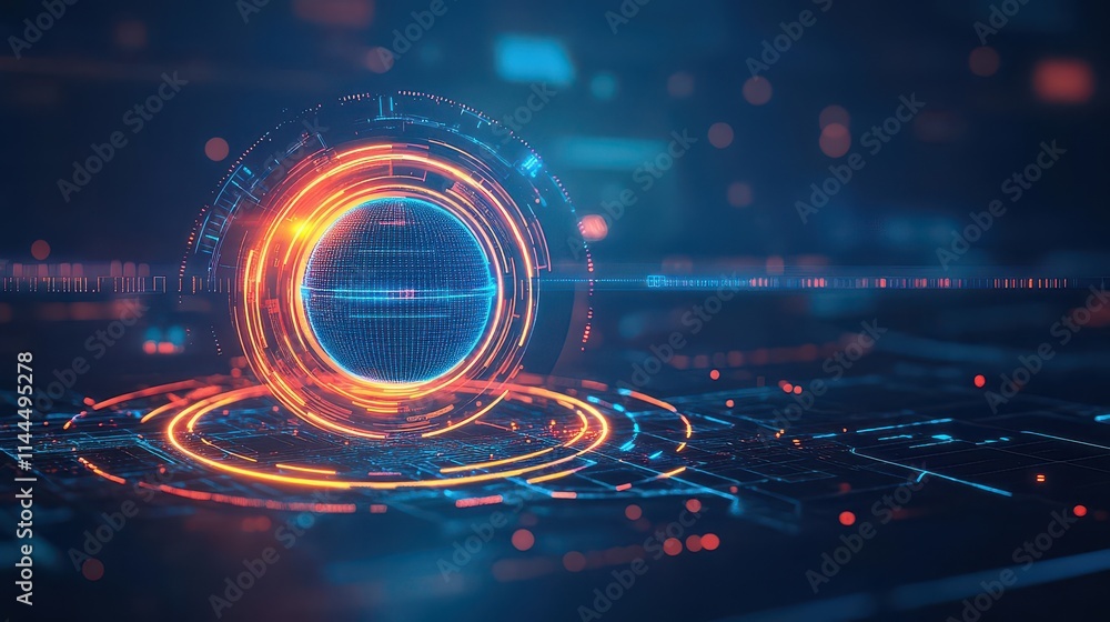 Poster A visual representation of multilayered cybersecurity protocols as glowing rings protecting a central digital orb