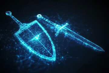 A visual metaphor of a sword and shield glowing with digital energy, representing offensive and defensive cybersecurity