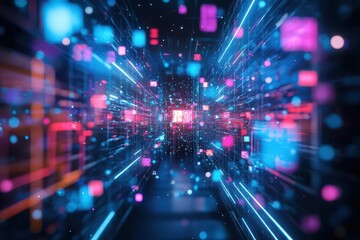 A surreal VR art installation blending abstract shapes, neon lights, and traditional cultural patterns in an everevolving digital space