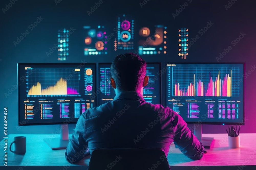 Poster A tech analyst at a sleek desk, glowing computer screens displaying colorful data dashboards, soft ambient light, overtheshoulder angle, cinematic focus