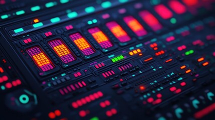 Obraz premium A vibrant, futuristic control panel with glowing buttons and screens, showcasing an array of colorful lights and intricate circuitry.