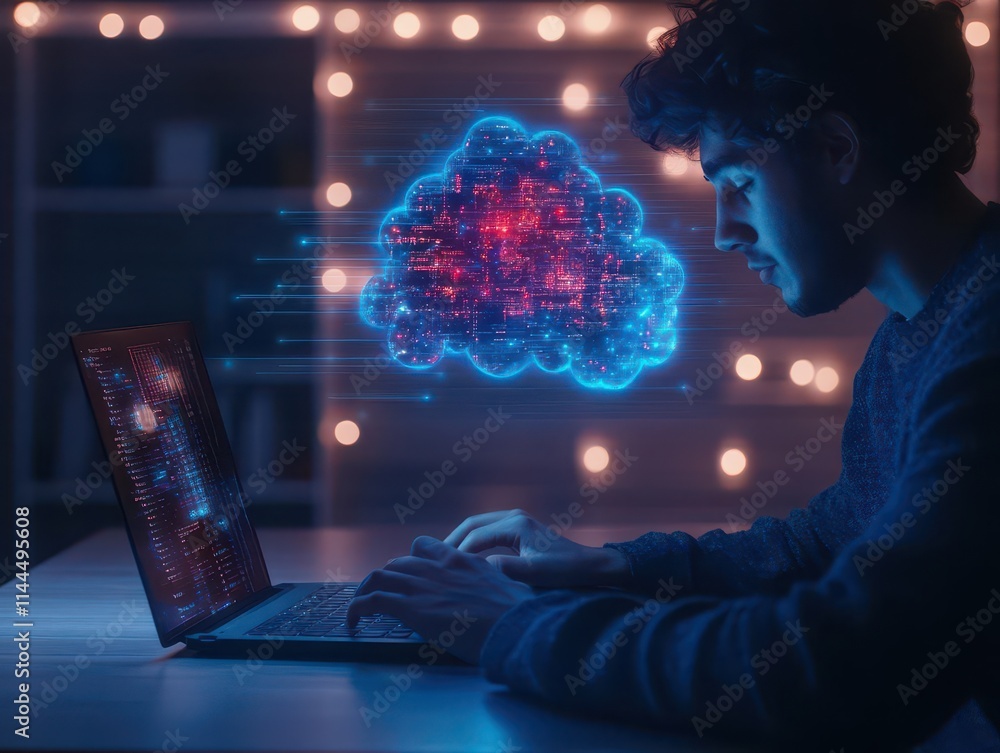 Poster A student using a laptop with a holographic educational platform, cloudbased interaction visible, warm lighting, scifi aesthetic