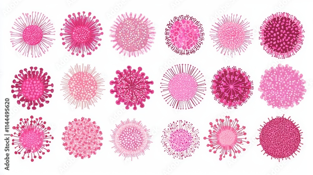 Poster high quality set of isolated probiotic bacteria forms in various shades of pink displayed on a white