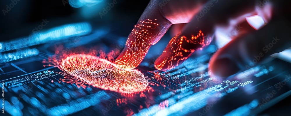 Poster a glowing fingerprint is scanned by a finger on a digital interface, illustrating advanced biometric