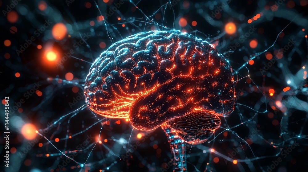 Poster glowing brain with neural connections symbolizing brain activity and neural networks.