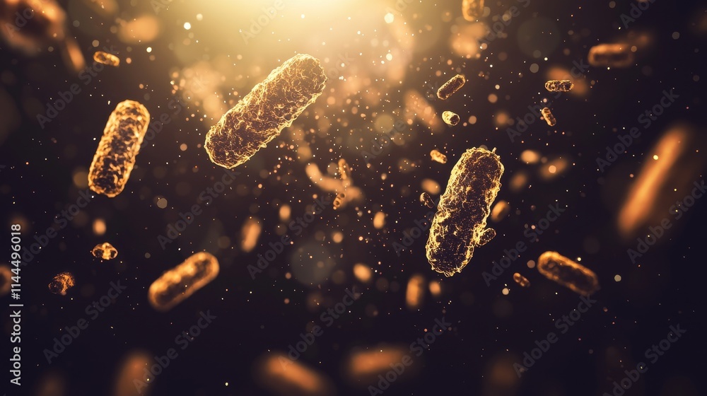 Poster highly detailed high-quality image of microbial life in space with bright glimmers and bokeh effects