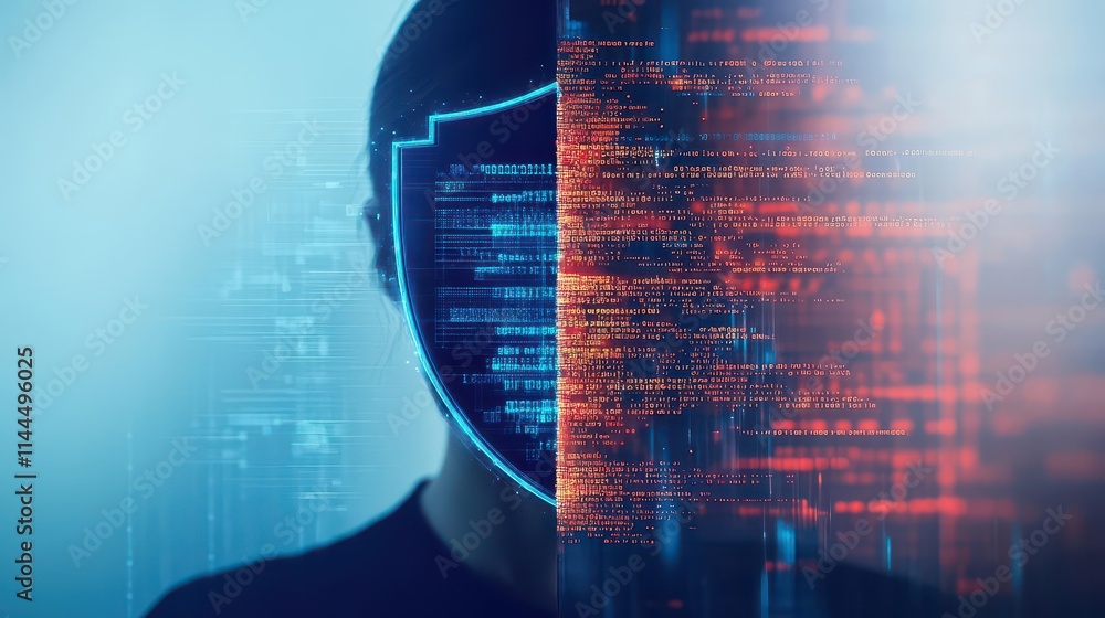 Aufkleber A split image of a user s identity, half protected by a digital shield and half being infiltrated by spyware code