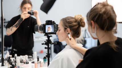 Professional makeup artist applying makeup to model during photoshoot in studio setting with camera setup