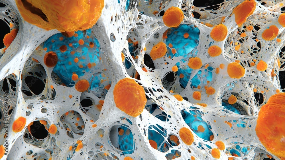 Poster high quality vividly colored bacteria under microscope with intricate details and textures in cellul