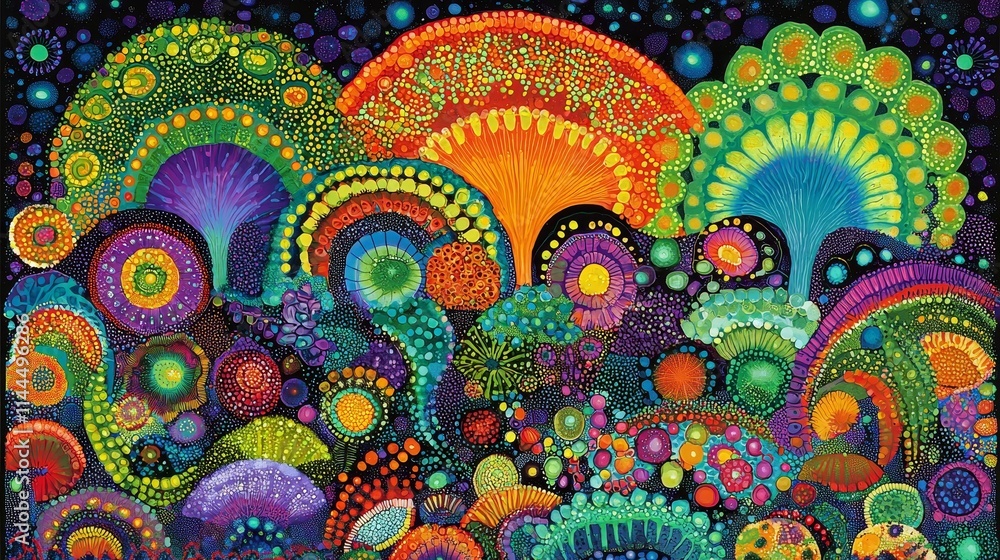 Poster vividly colored artistic representation of bacteria under a microscope in high quality for research 