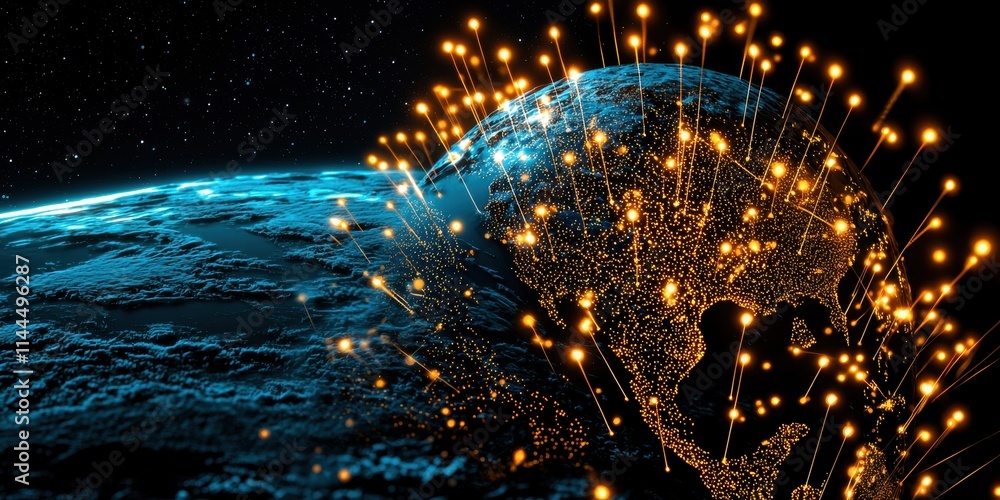 Poster a glowing representation of earth with bright, interconnected particles, depicting a digital or cosm