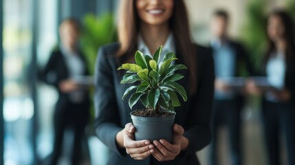 Businesswoman holding a plant symbolizes growth and sustainability in social impact business.