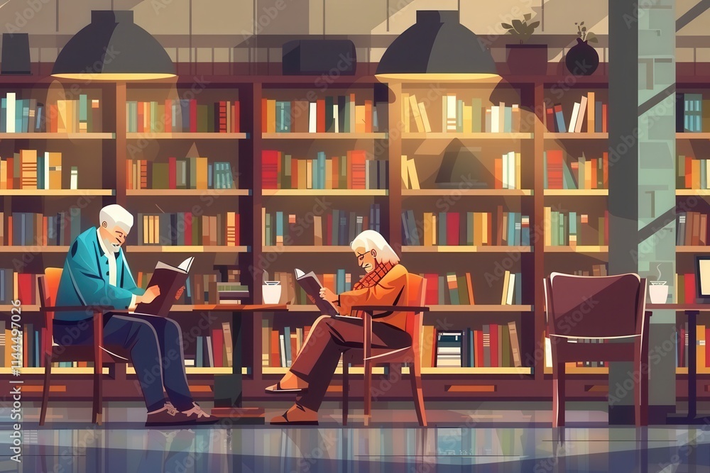 Poster Elderly individuals engaged in reading and studying at a cozy library setting during afternoon hours. Generative AI