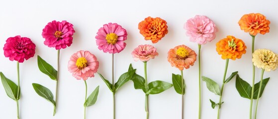 colorful zinnia flowers in a row against white background