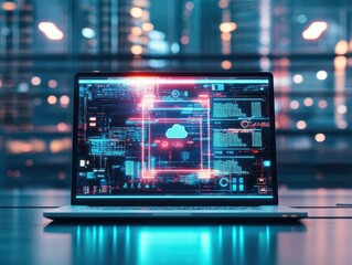 Obraz premium A professional laptop projecting a holographic workspace connected to the cloud, bright glowing UI elements, cyberpunk office backdrop