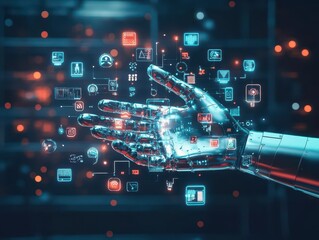 Fototapeta premium A metallic hand surrounded by floating pulsating icons in space, side view, representing cuttingedge interaction systems, digital tone, analogous color scheme