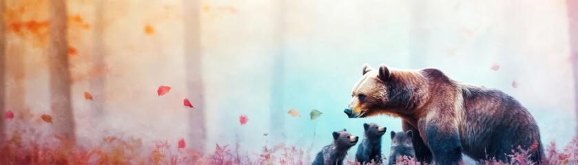 Obraz premium A mother bear with cubs, fiercely protecting them from a lurking wolf in a vivid forest setting, painted in soft watercolor tones
