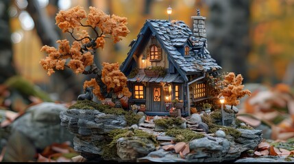 Fototapeta premium A whimsical miniature house surrounded by autumn foliage and glowing lights.